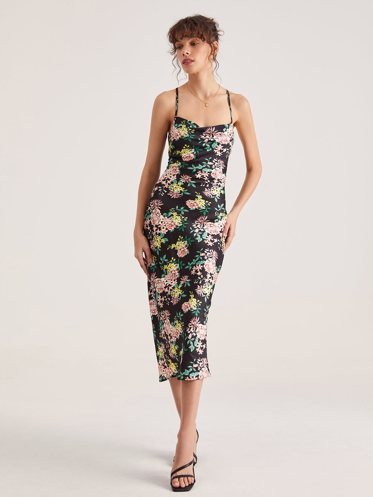 Thecomense - Floral Bodycon Strap Midi Dress