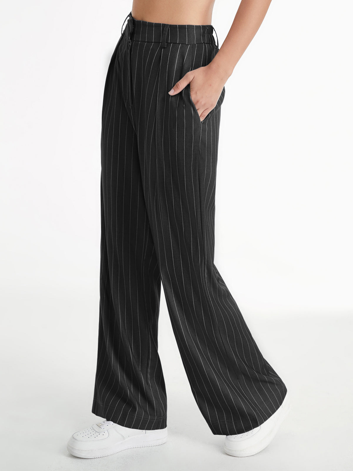 Thecomense - High Waisted 90s Pinstripe Pleat Front Wide Leg Trousers