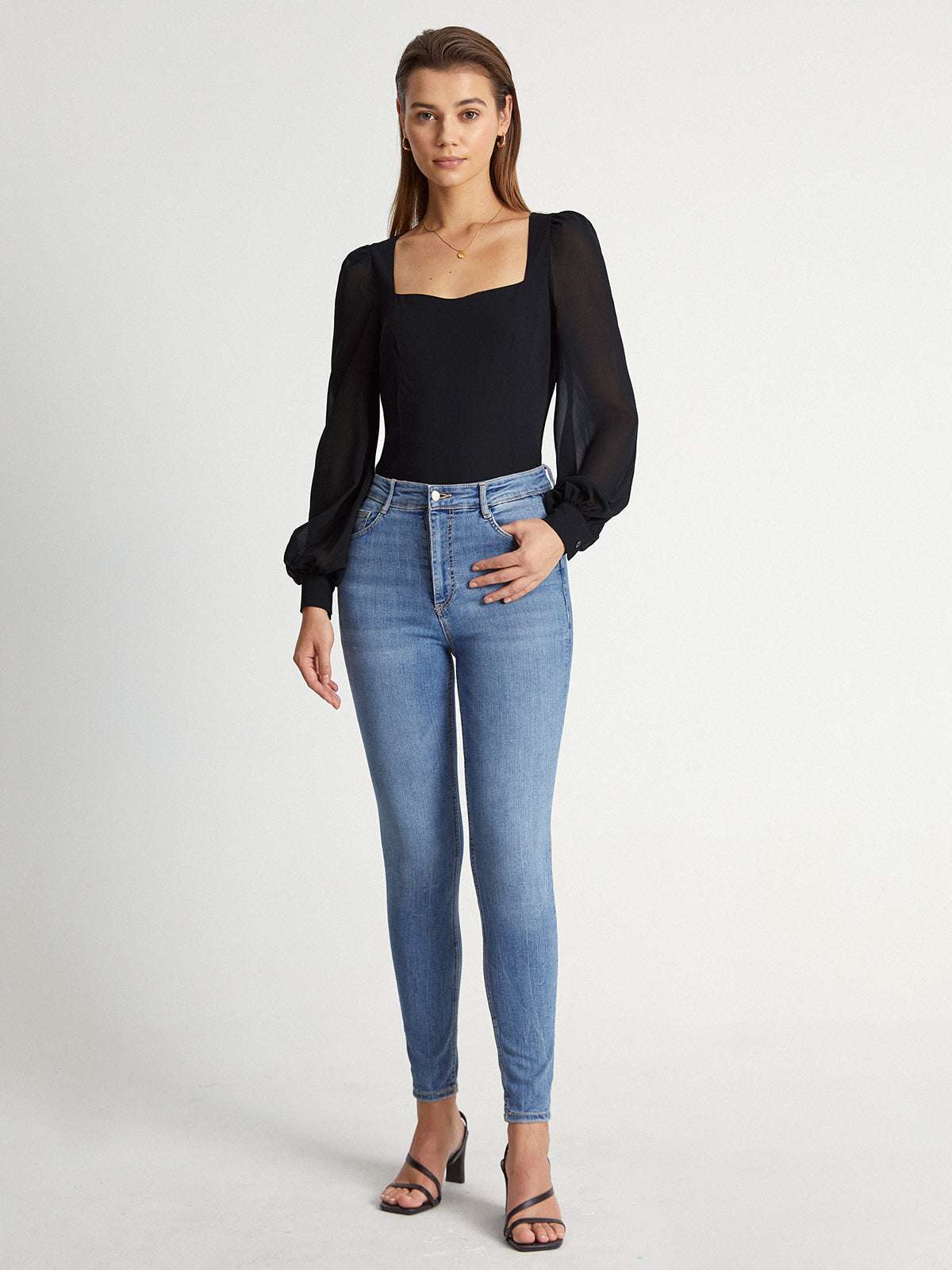 Thecomense - Mesh Puff Sleeve Square Neck Top