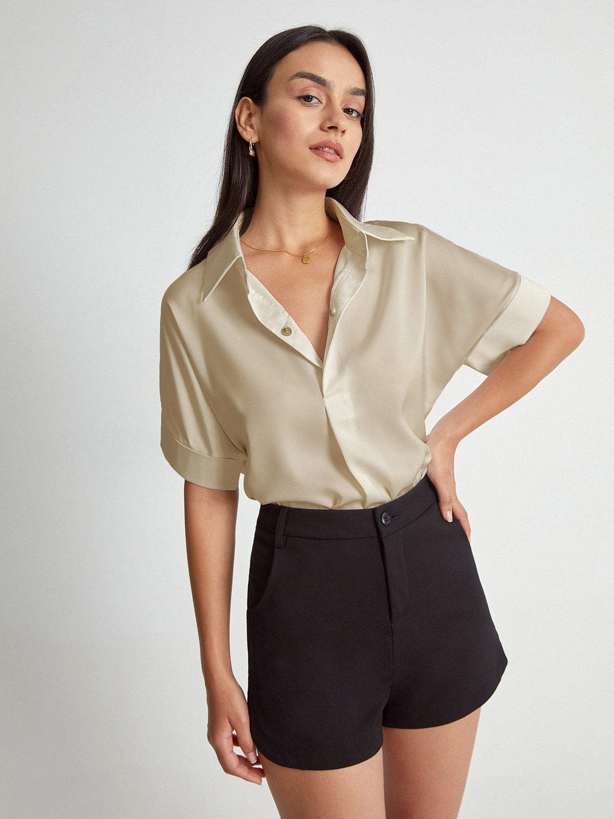 Thecomense - Quarter Sleeve Deep V Notch Lapel Blazer Shirt