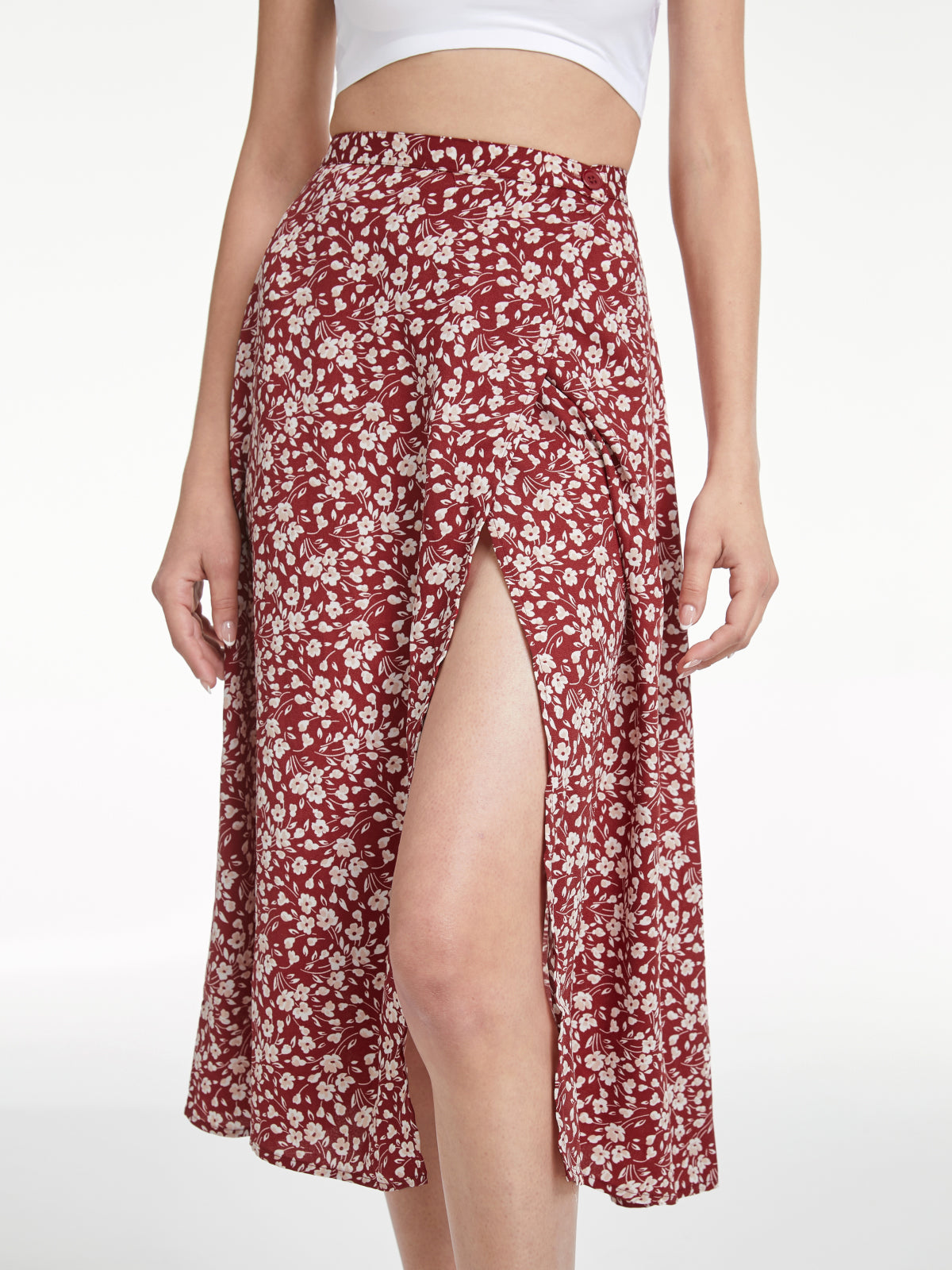 Thecomense - High Waisted Floral Slit Midi Skirt