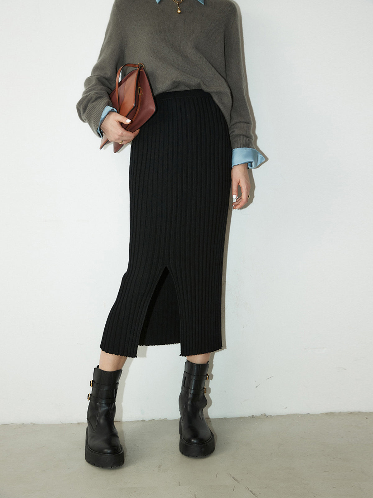 Thecomense - Ribbed Long Knitted Skirt with Slit