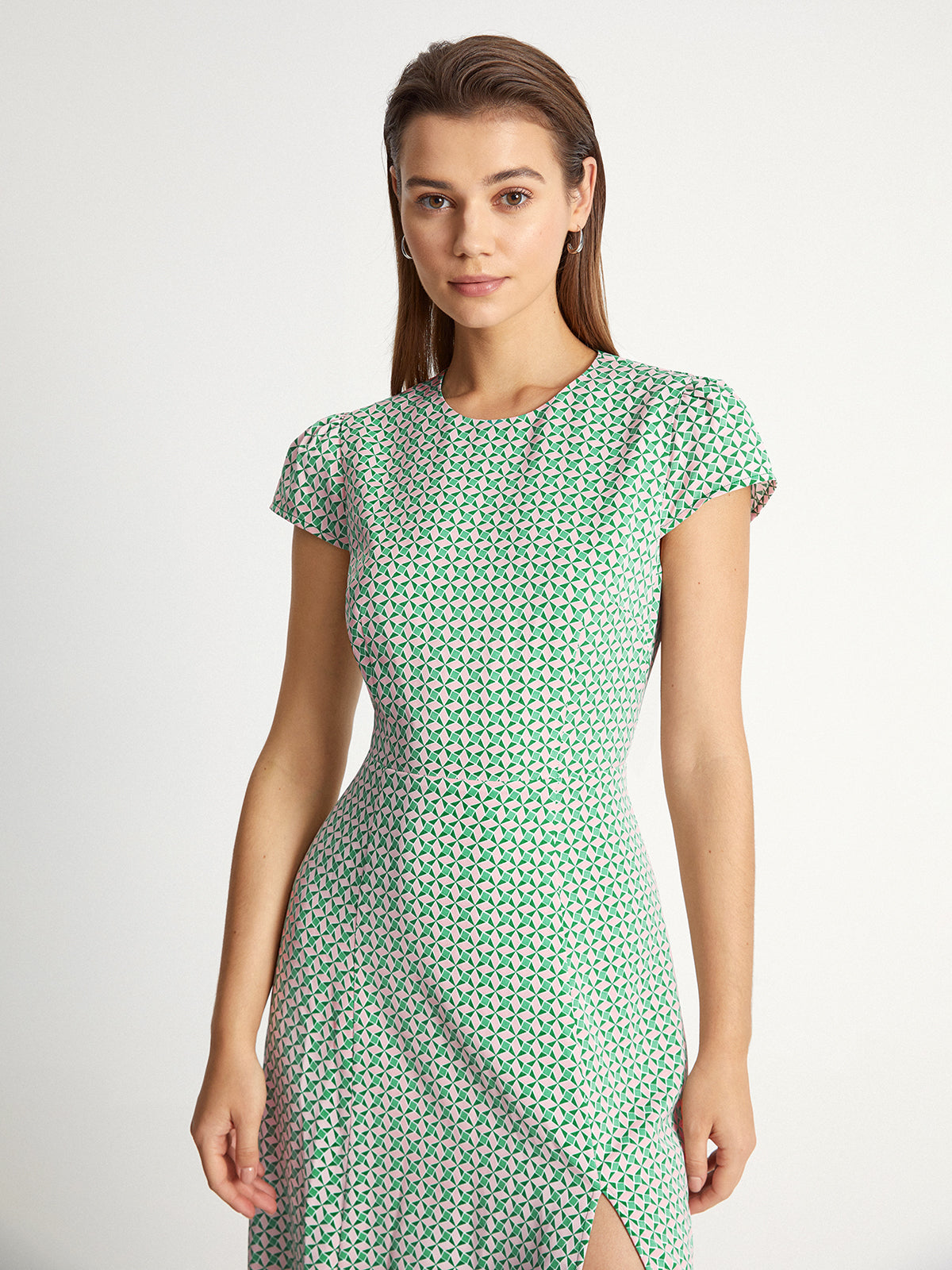 Thecomense - Shoulder Cap Diamond Print Slit Dress