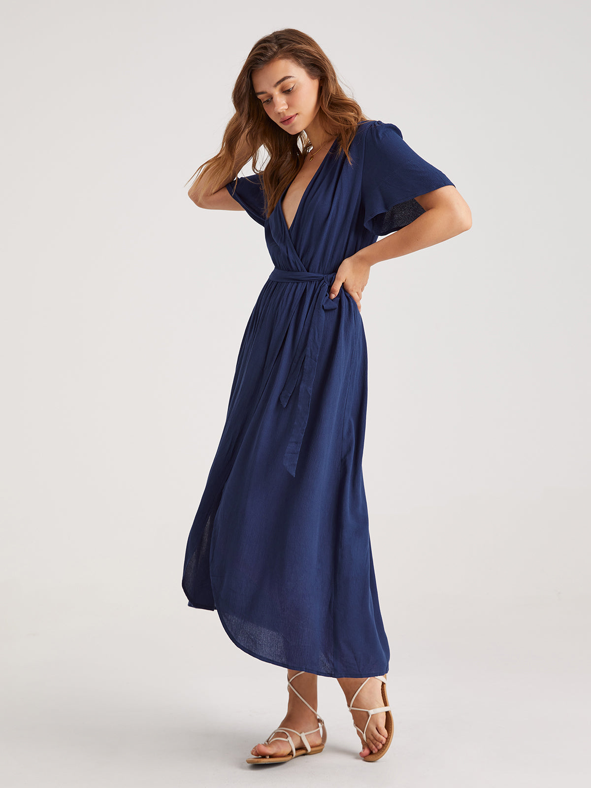 Thecomense - V-Neck Wrap Side Tie Midi Dress