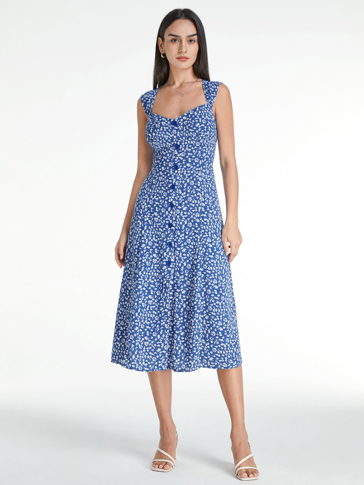 Thecomense - Sweetheart Button Front Floral Sleeveless A Line Dress