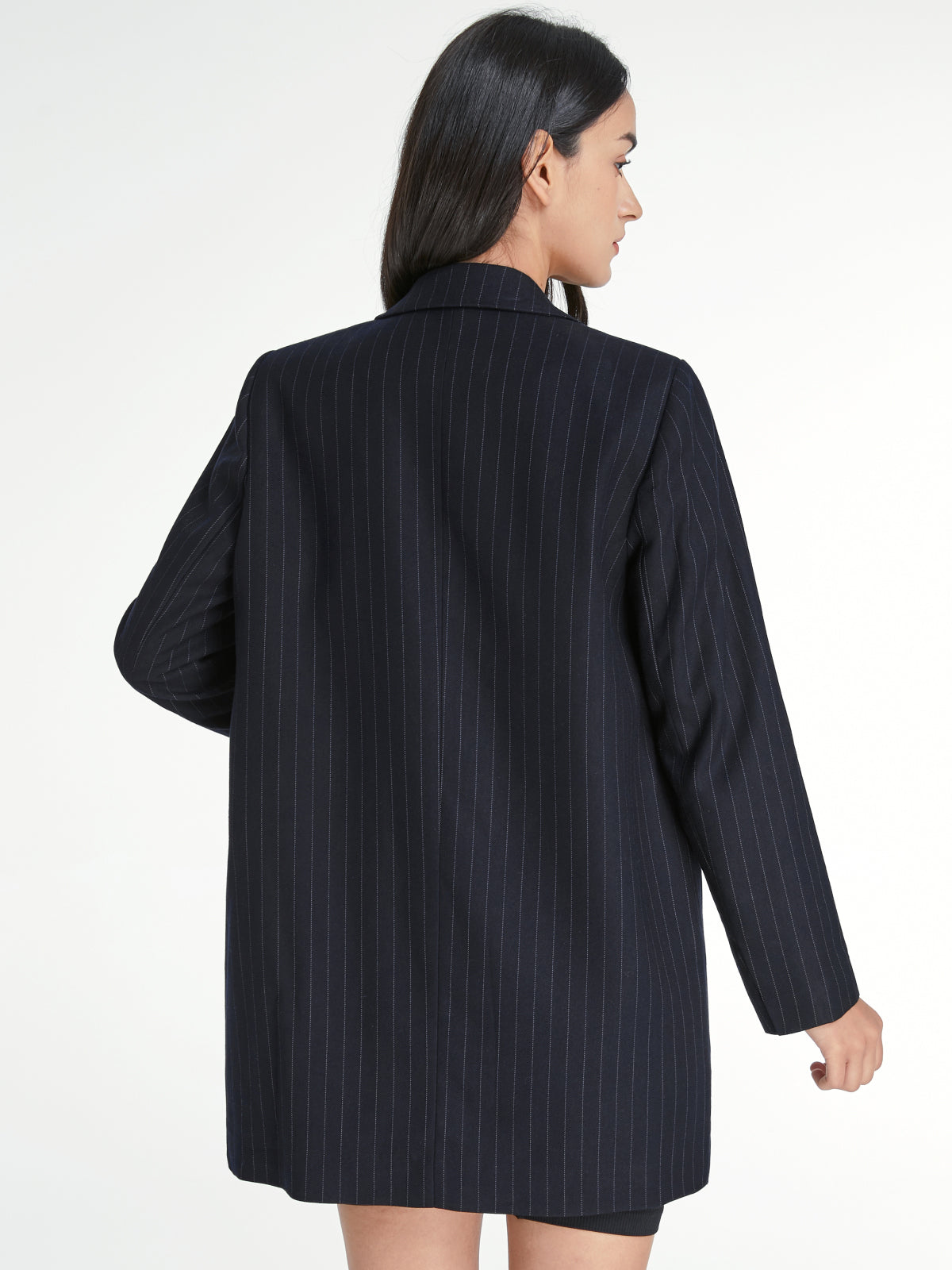 Thecomense - Pinstripe Single Button Single Breasted Deep V Long Blazer