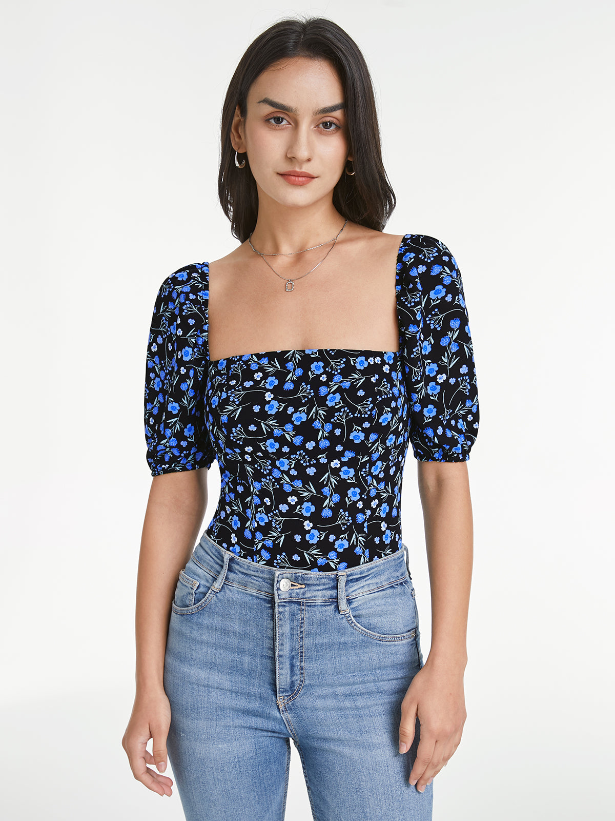 Thecomense - Square Neck Indigo Floral Short Puff Sleeve Top