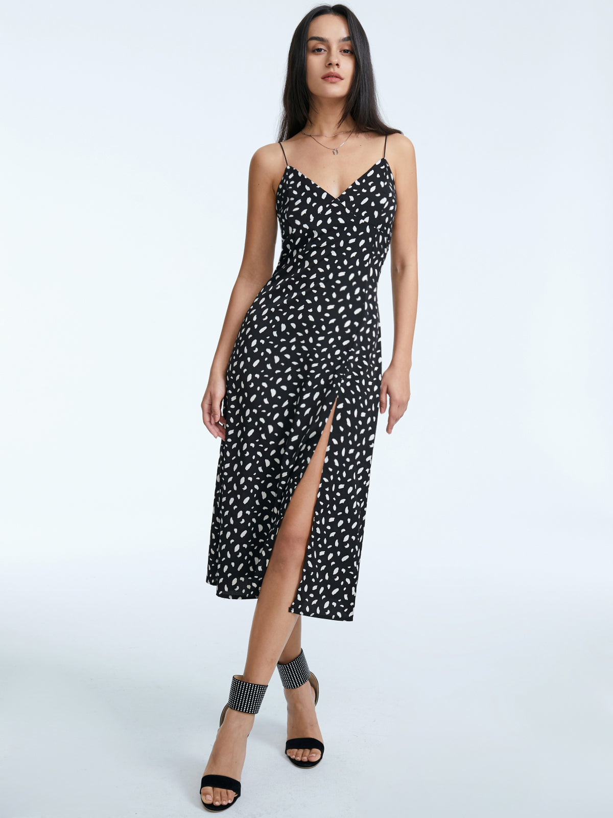 Thecomense - Sweetheart Contrast Print Slit Strap Midi Dress