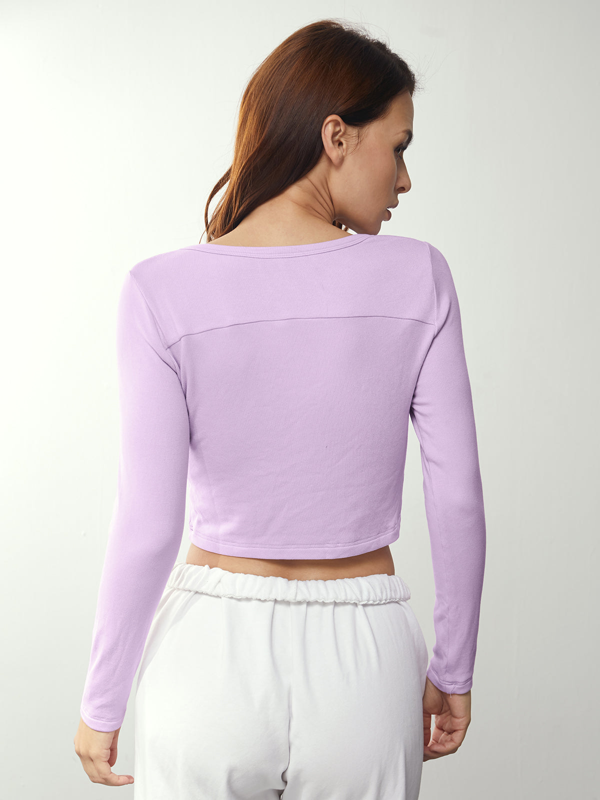 Thecomense - Cropped Button Front Mauve Long Sleeve Top