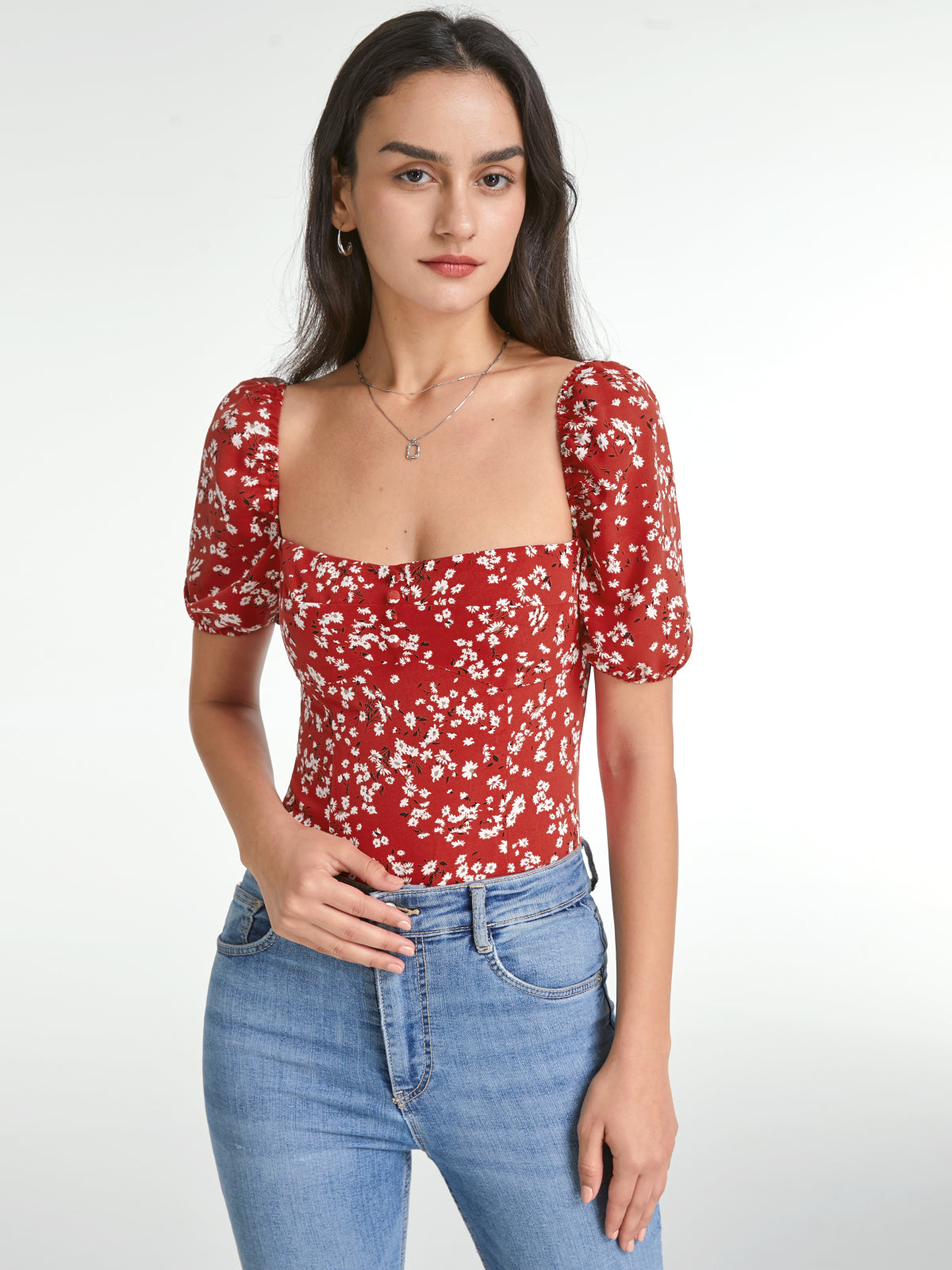 Thecomense - Square Neck Floral Love Short Sleeve Top