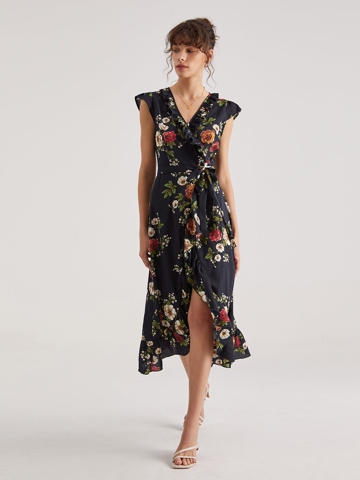 Thecomense - Contrast Floral Print V-Neck Cap Sleeve Slit Dress