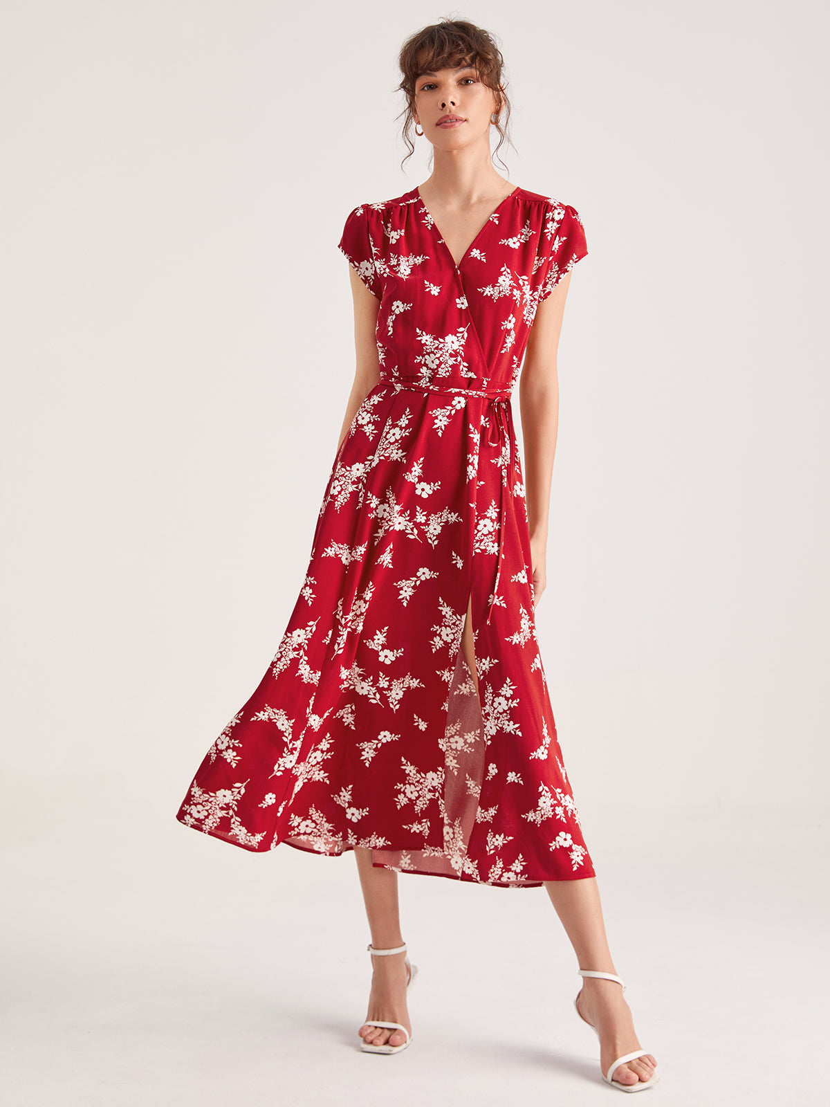 Thecomense - Ruby Balloon Floral Wrap Tie Front Midi Dress