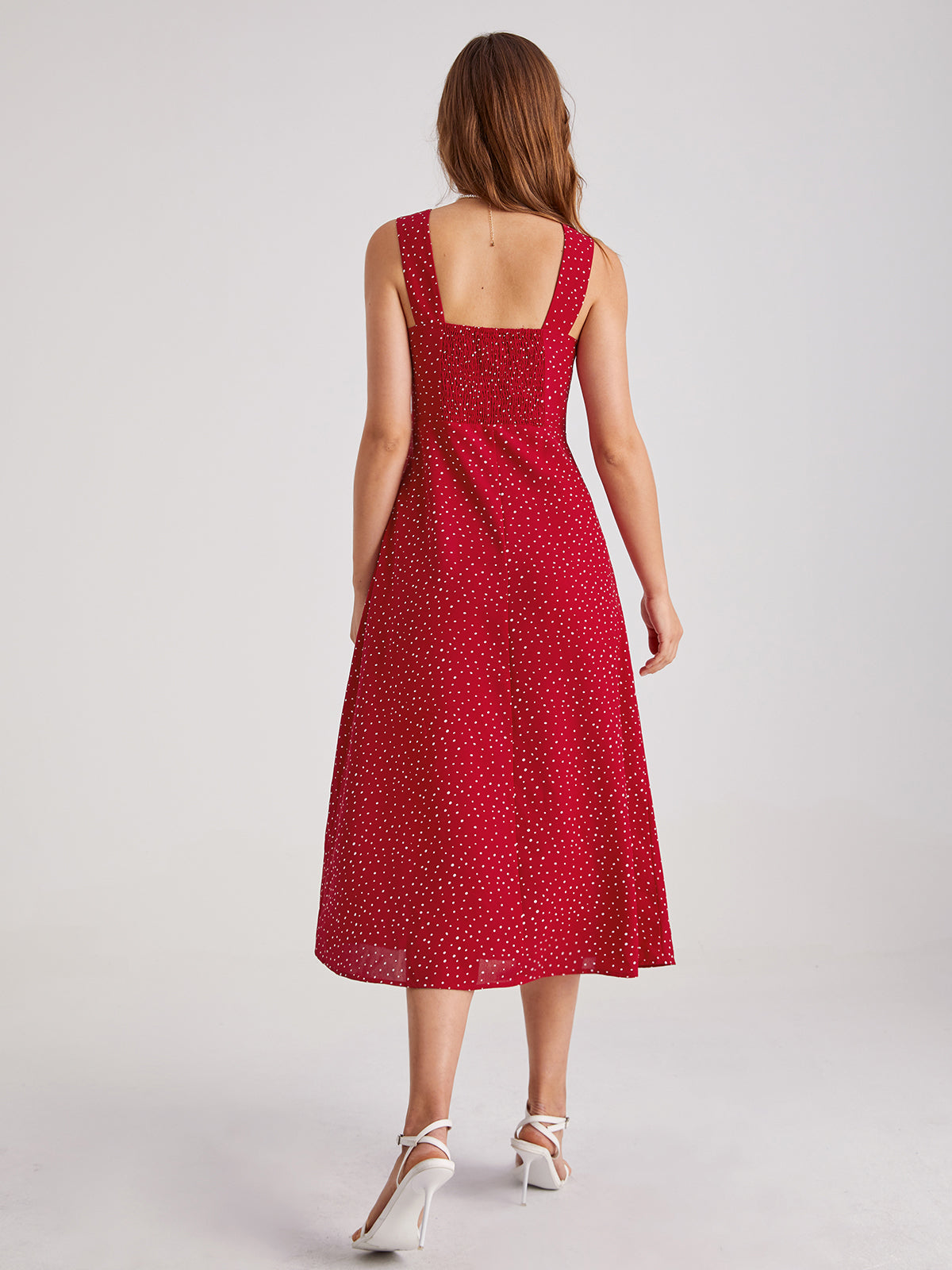 Thecomense - Sweetheart Polka Dot Contour Split Dress