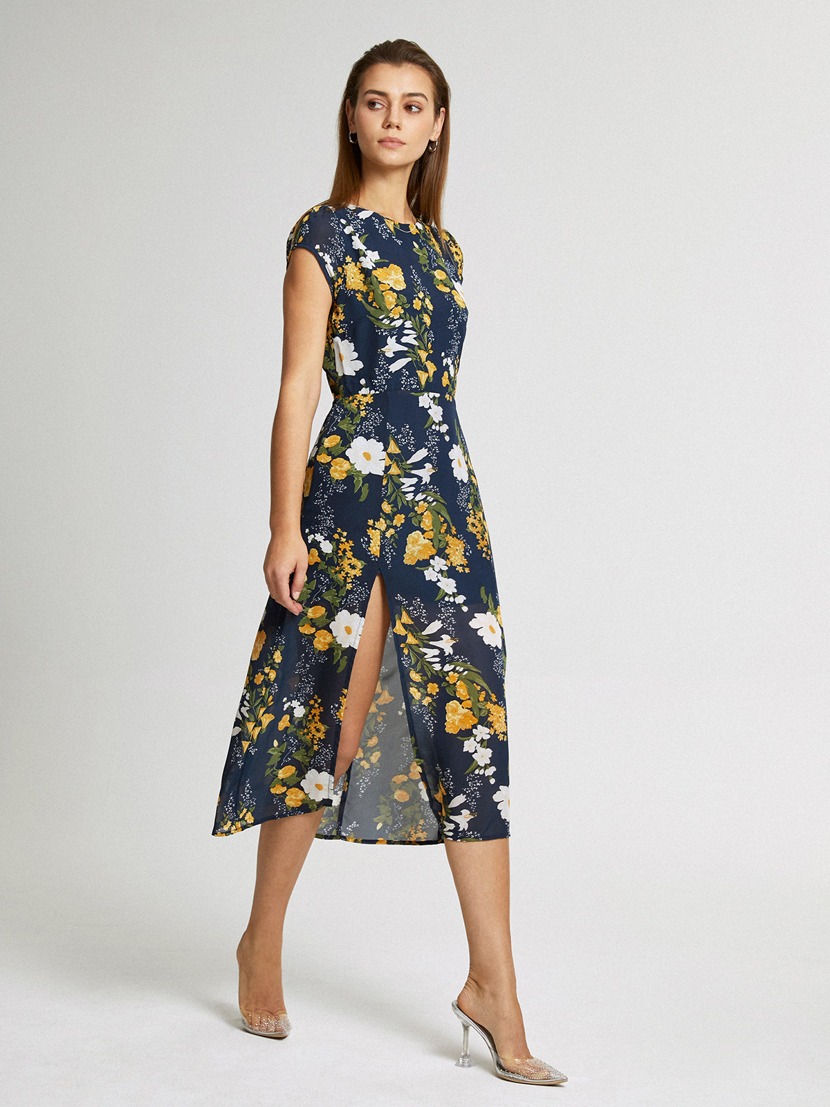 Thecomense - Cap Sleeve Island Floral Midi Slit Dress