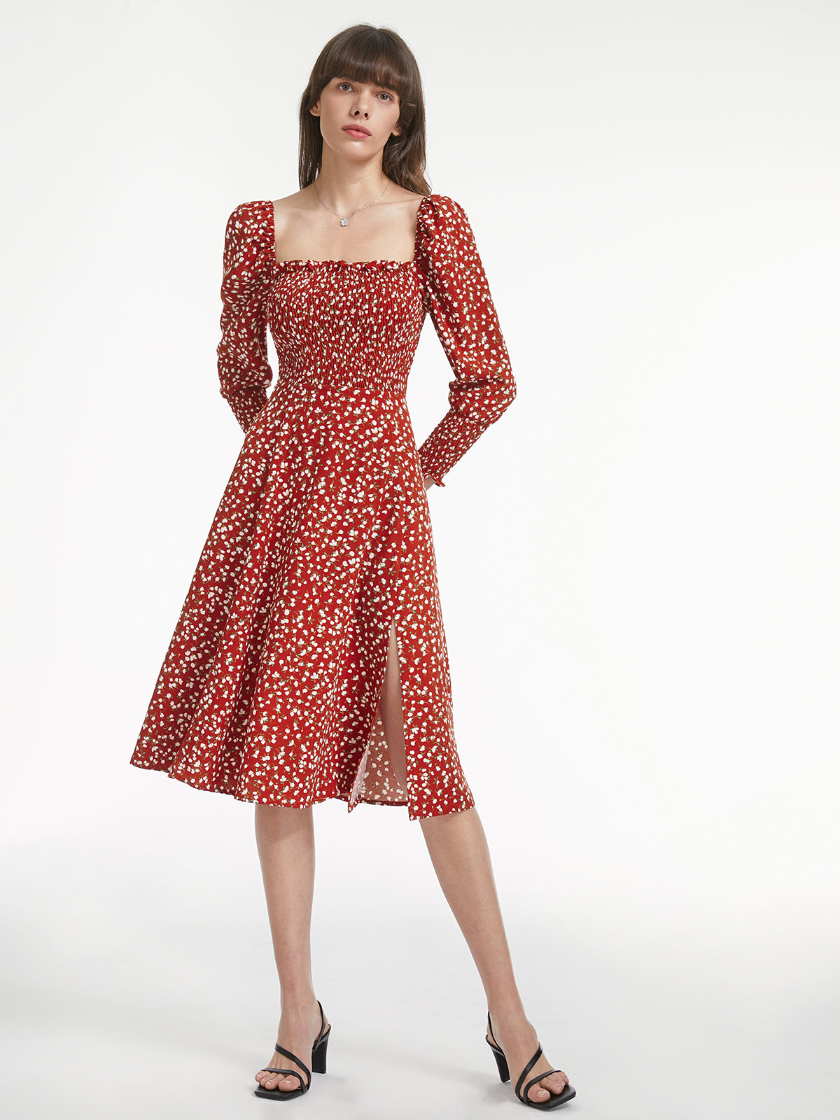 Thecomense - Long Puff Sleeve Square Neck Rosy Floral Ruche Dress