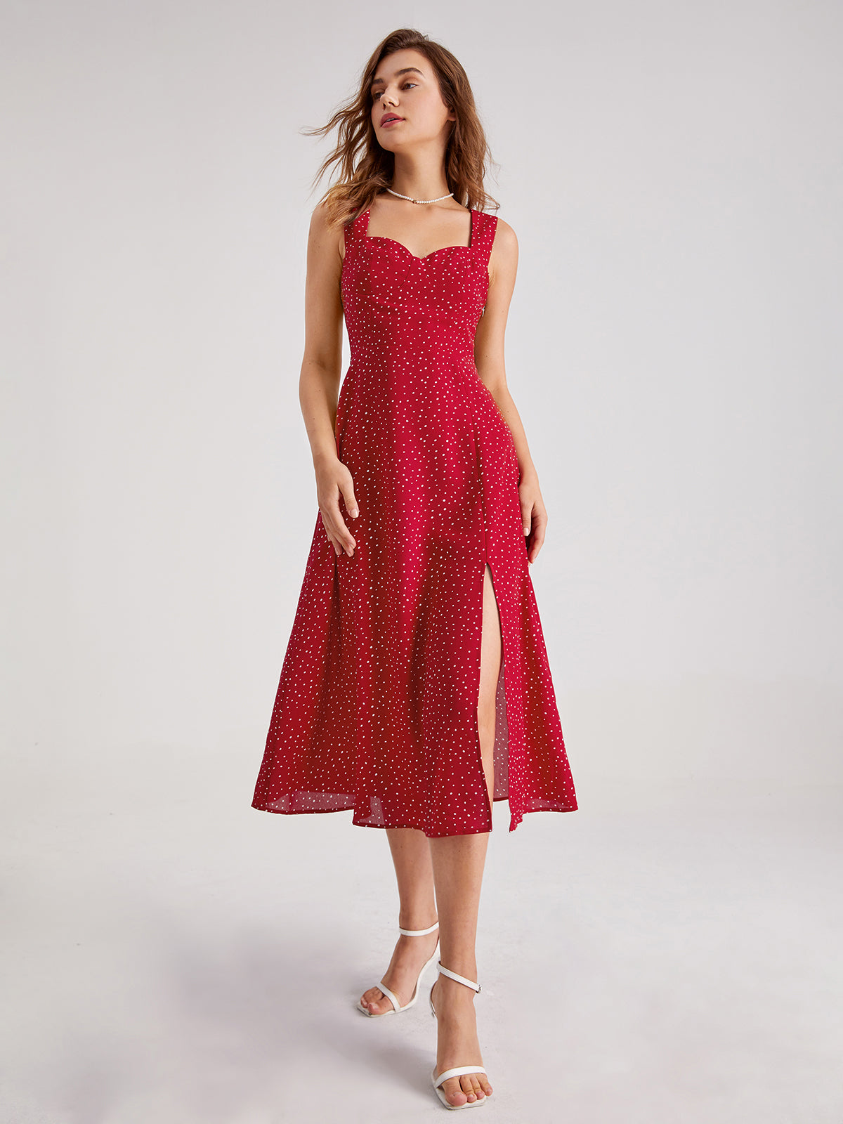 Thecomense - Sweetheart Polka Dot Contour Split Dress