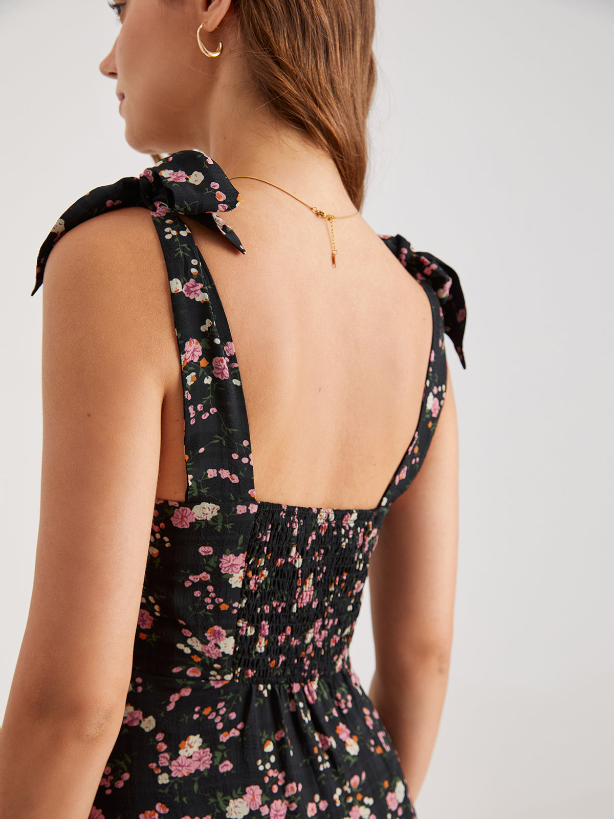 Thecomense - Tie Strap Contrast Floral Midi Dress
