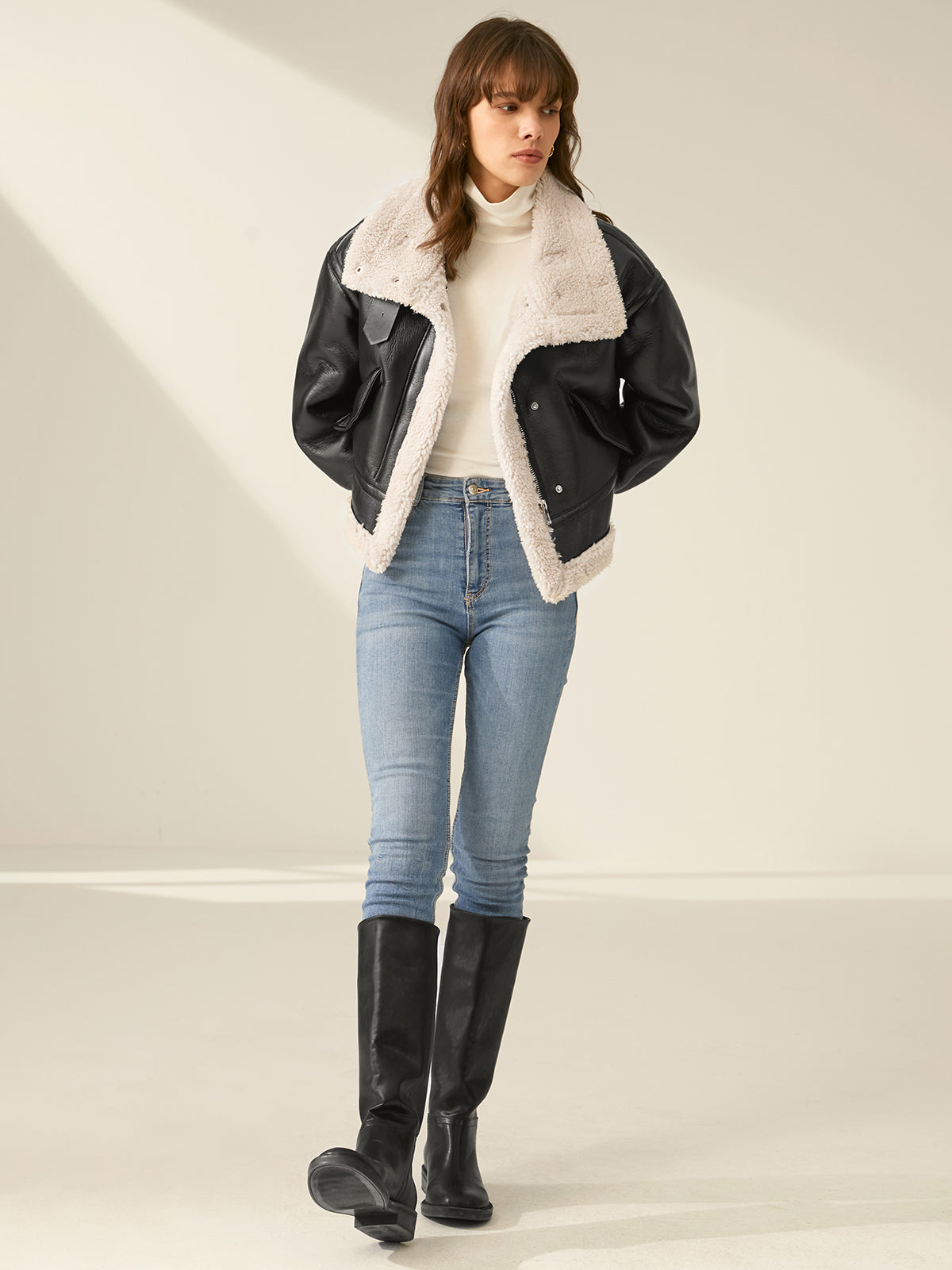 Thecomense - Sherpa Lined Shearling Leather Flight Jacket