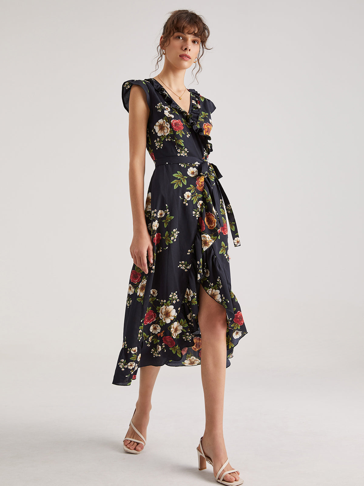 Thecomense - Contrast Floral Print V-Neck Cap Sleeve Slit Dress