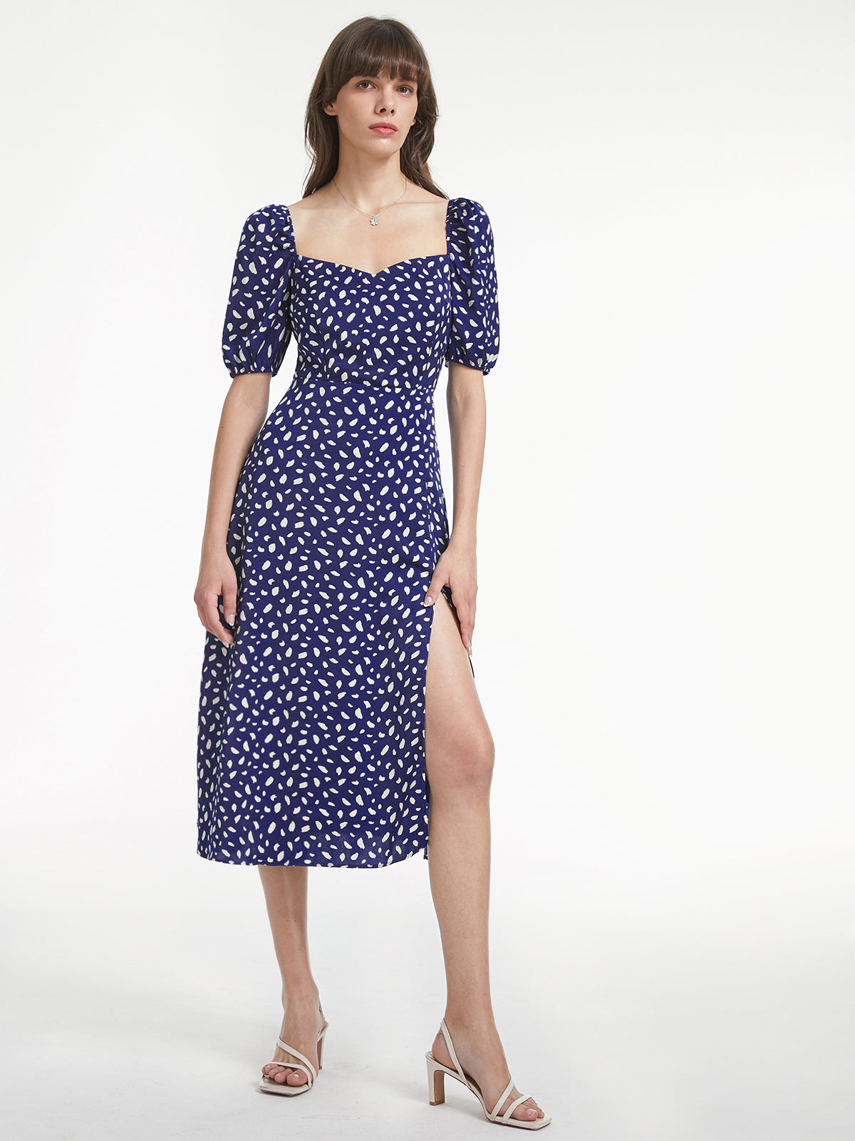 Thecomense - Light Petal Short Puff Sleeve Sweetheart Back Bowtie Slit Dress