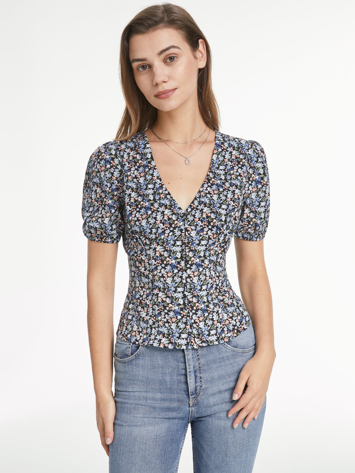 Thecomense - Short Puff Sleeve V Neck Multi Floral Top