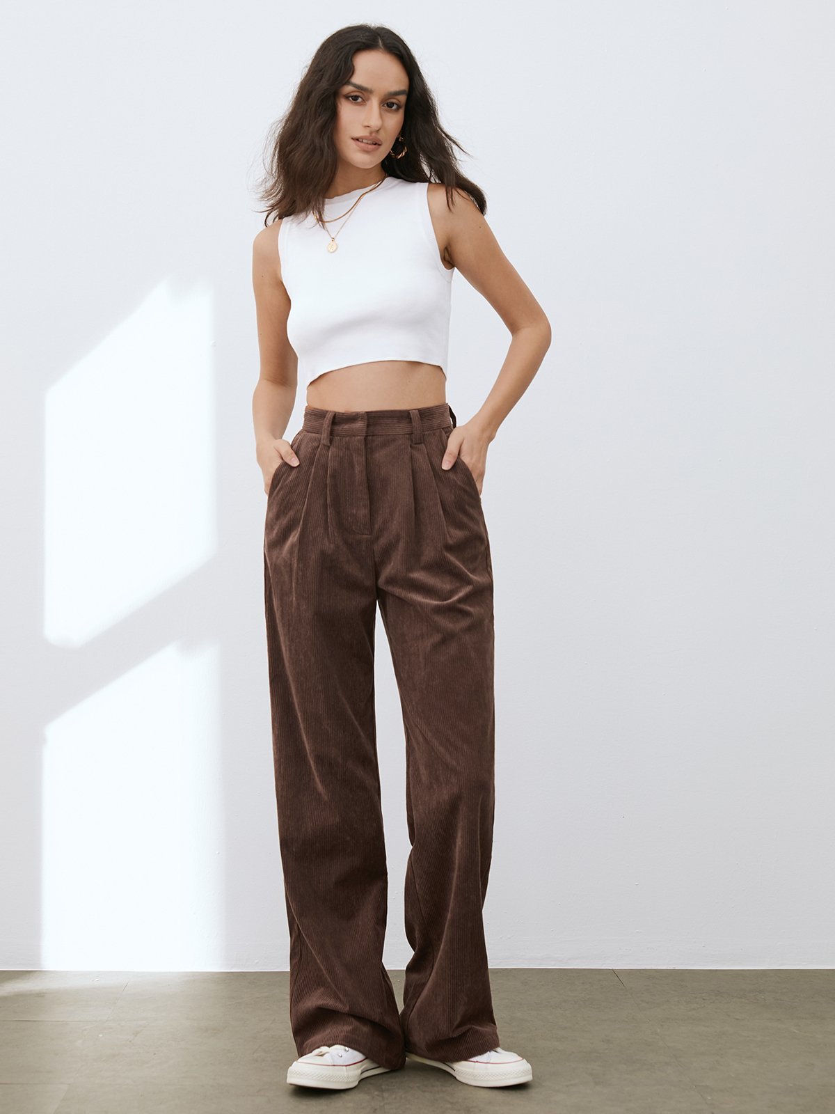 Thecomense - Wide Leg Pleated Corduroy Pants