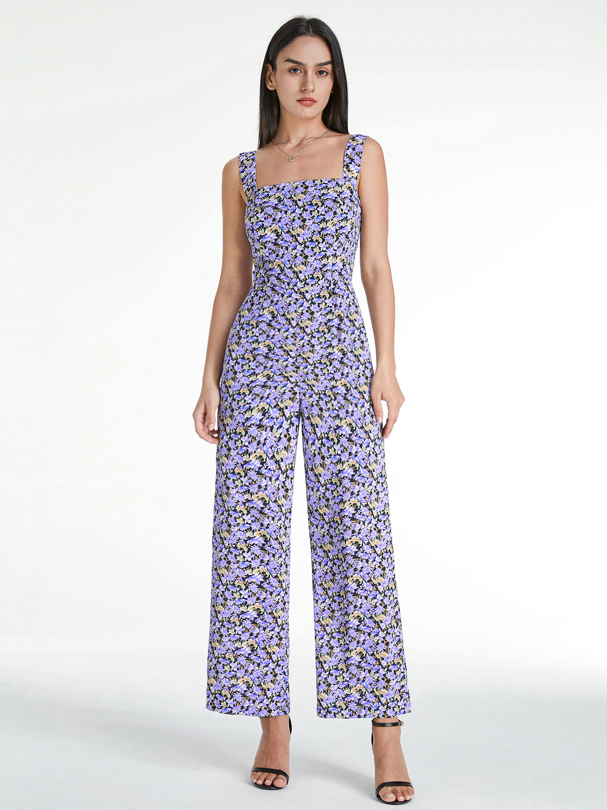 Thecomense - Square Neck Mauve Floral Tank Jumpsuit