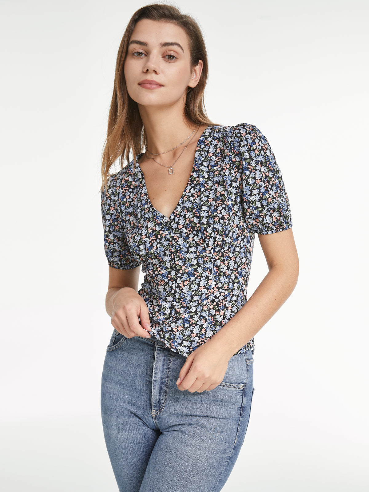 Thecomense - Short Puff Sleeve V Neck Multi Floral Top