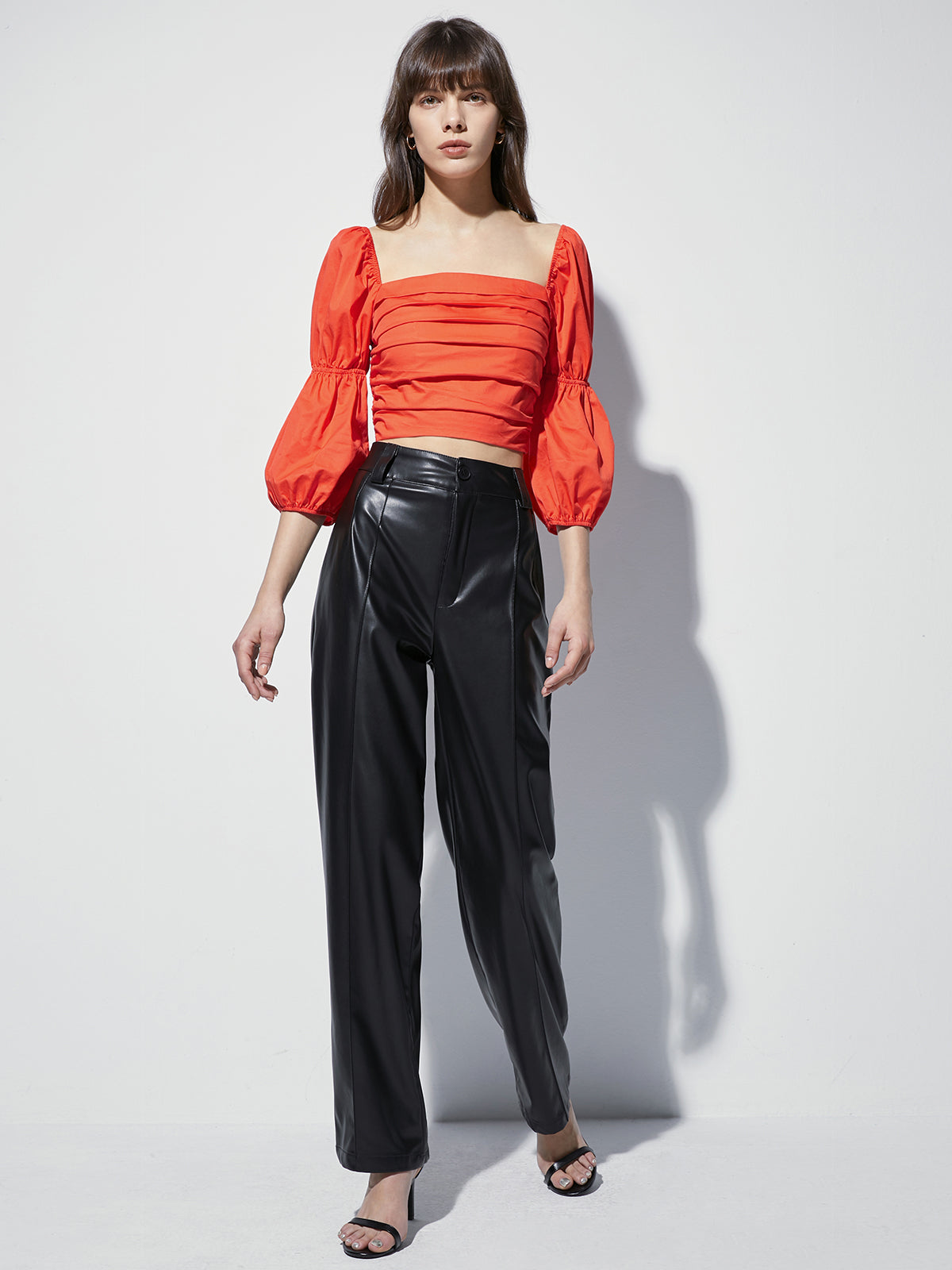 Thecomense - Square Neck Ruche Quarter Puff Sleeve Top