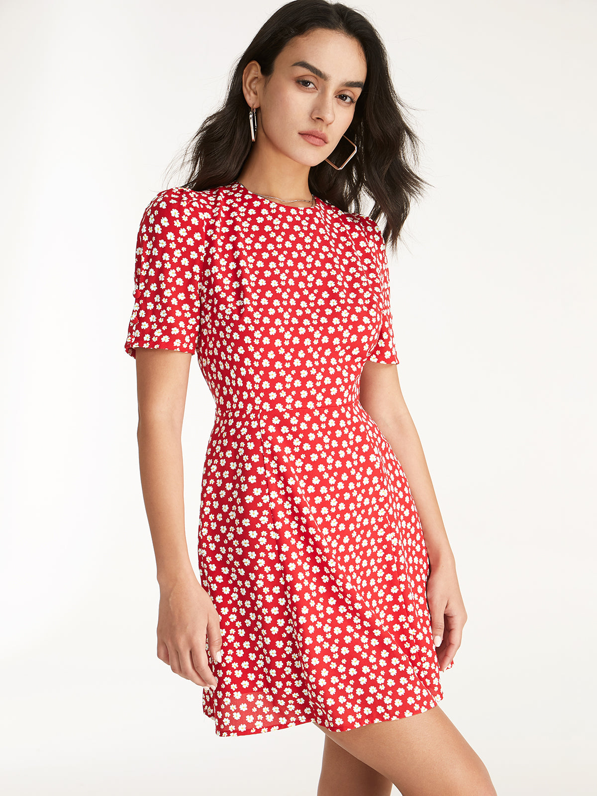 Thecomense - Straight Neck Short Puff Sleeve A Line Mini Dress