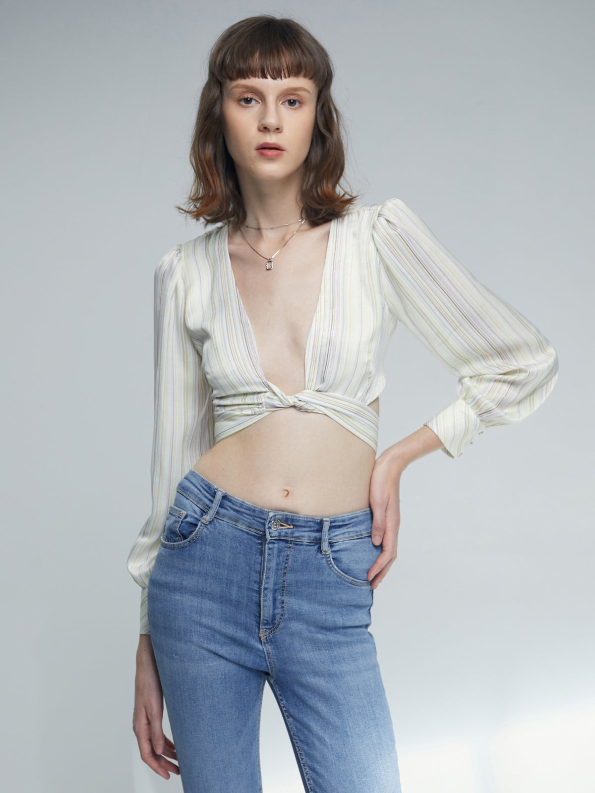 Thecomense - Twist Front Pointelle Design Long Sleeve Cropped Top