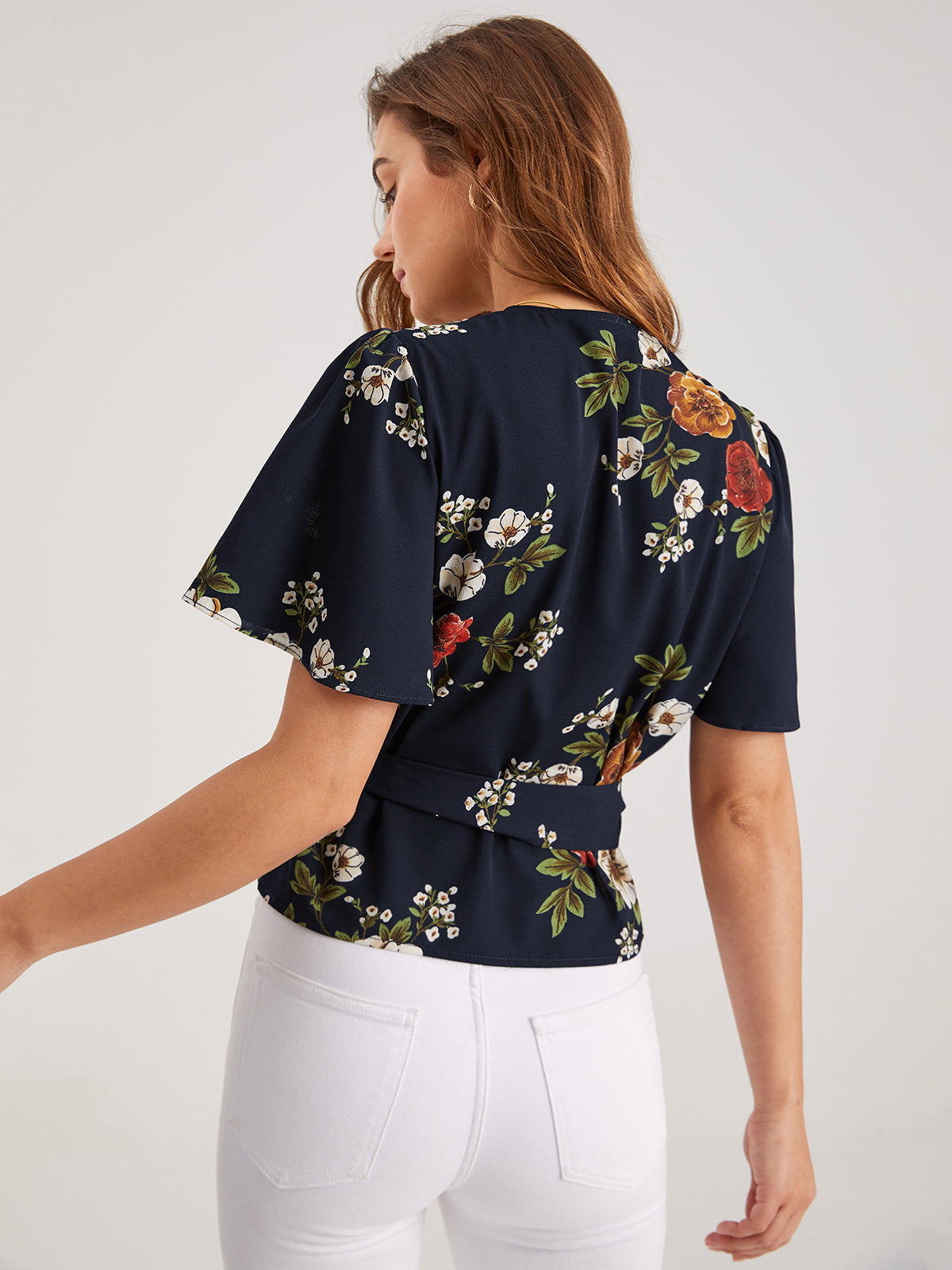 Thecomense - Floral V-Neck Side Tie Top