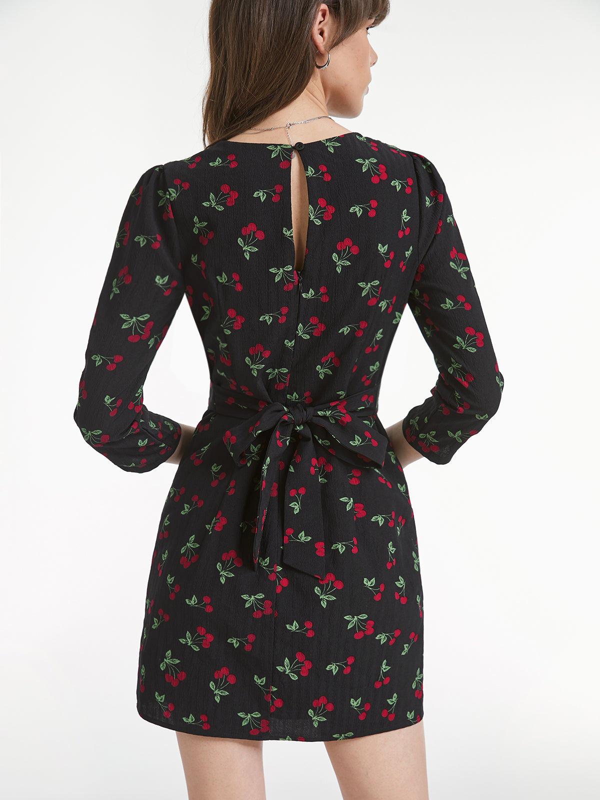 Thecomense - Long Sleeve Round Neck Very Cherry Mini Dress