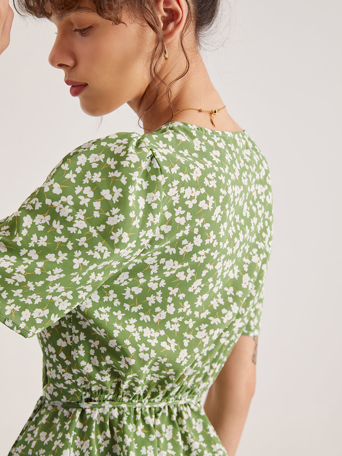 Thecomense - Floral Shoulder Pleat Wrap Top