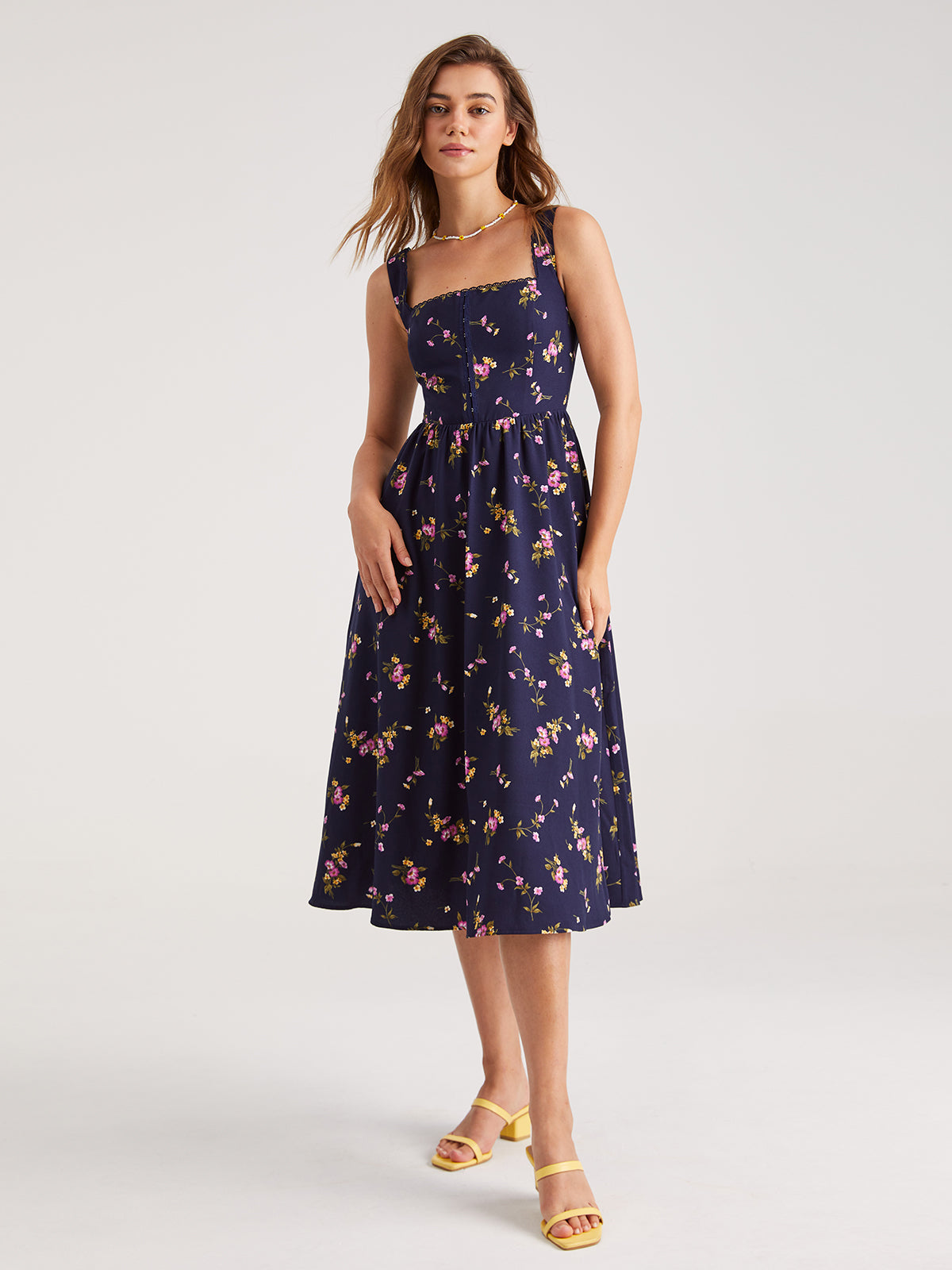 Thecomense - Floral Front Hook-and-Eye Zip Up Square Neck Midi Dress