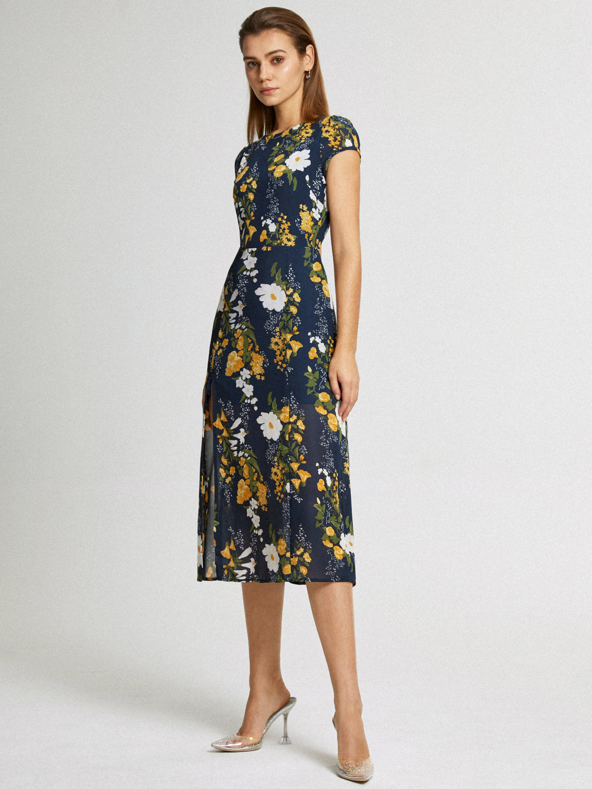 Thecomense - Cap Sleeve Island Floral Midi Slit Dress