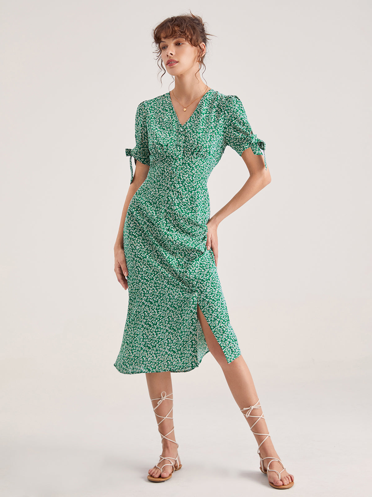 Thecomense - Sweetheart Light Floral Slit Midi Dress