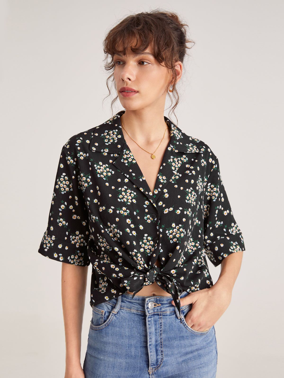 Thecomense - Daisy Button Up Short Sleeve Shirt