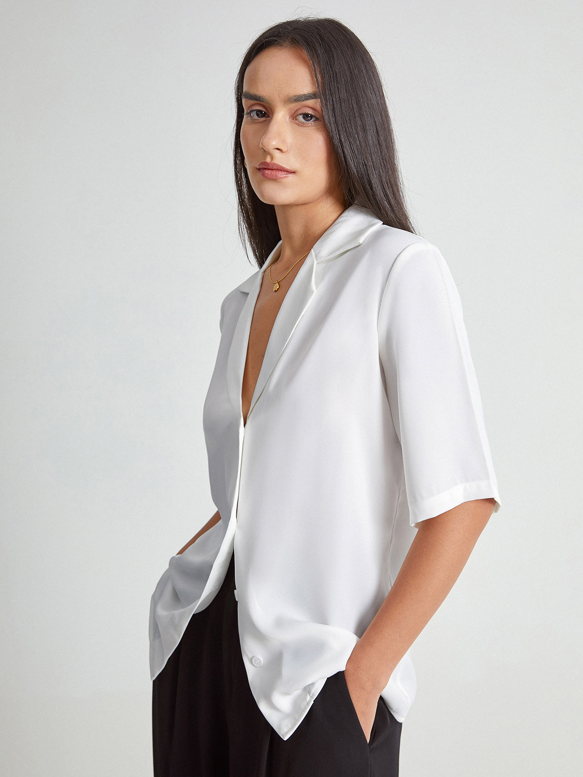 Thecomense - Quarter Sleeve Deep V Notch Lapel Blazer Shirt