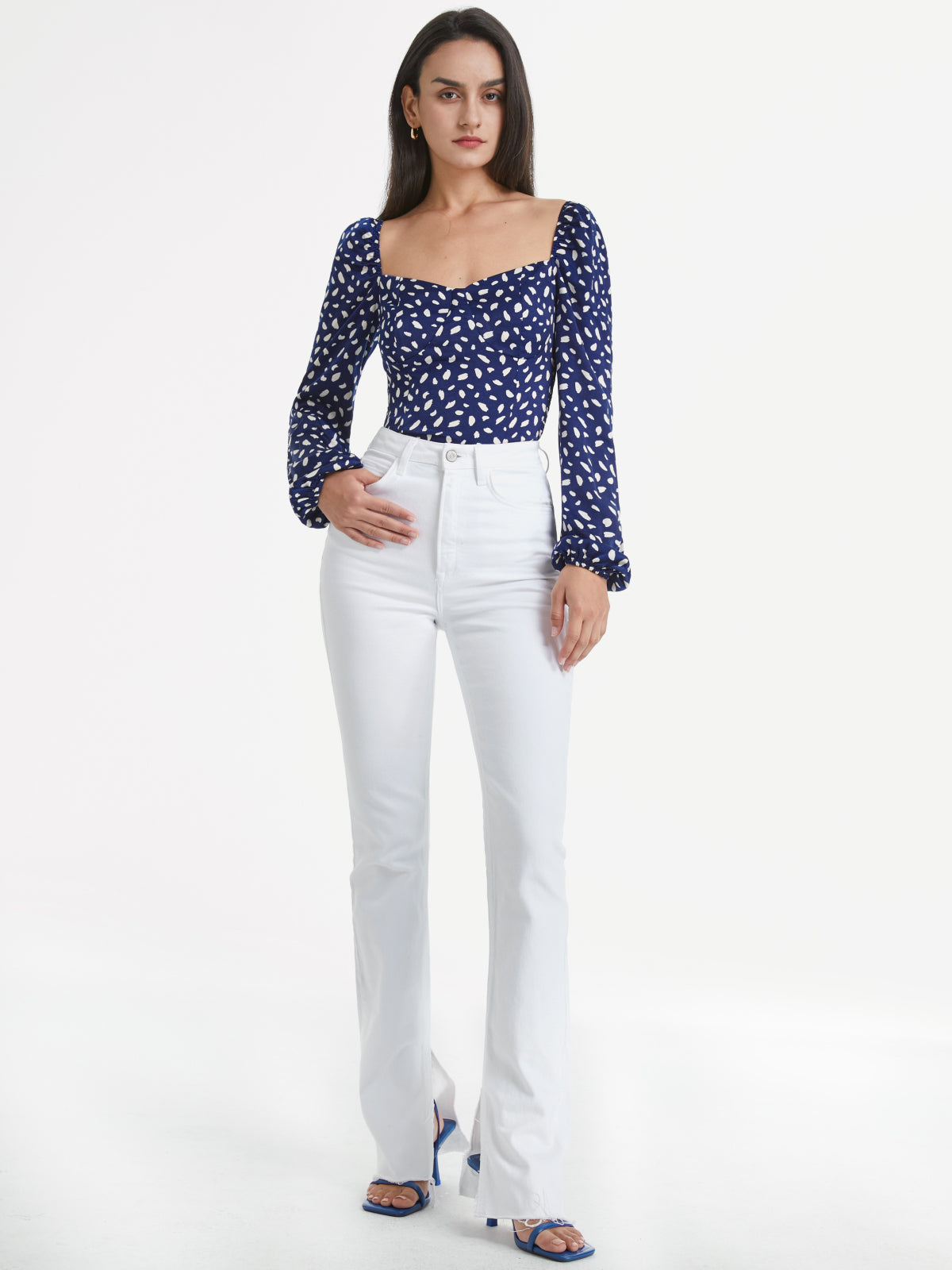 Thecomense - Sweetheart Contour Long Puff Sleeve Printed Top
