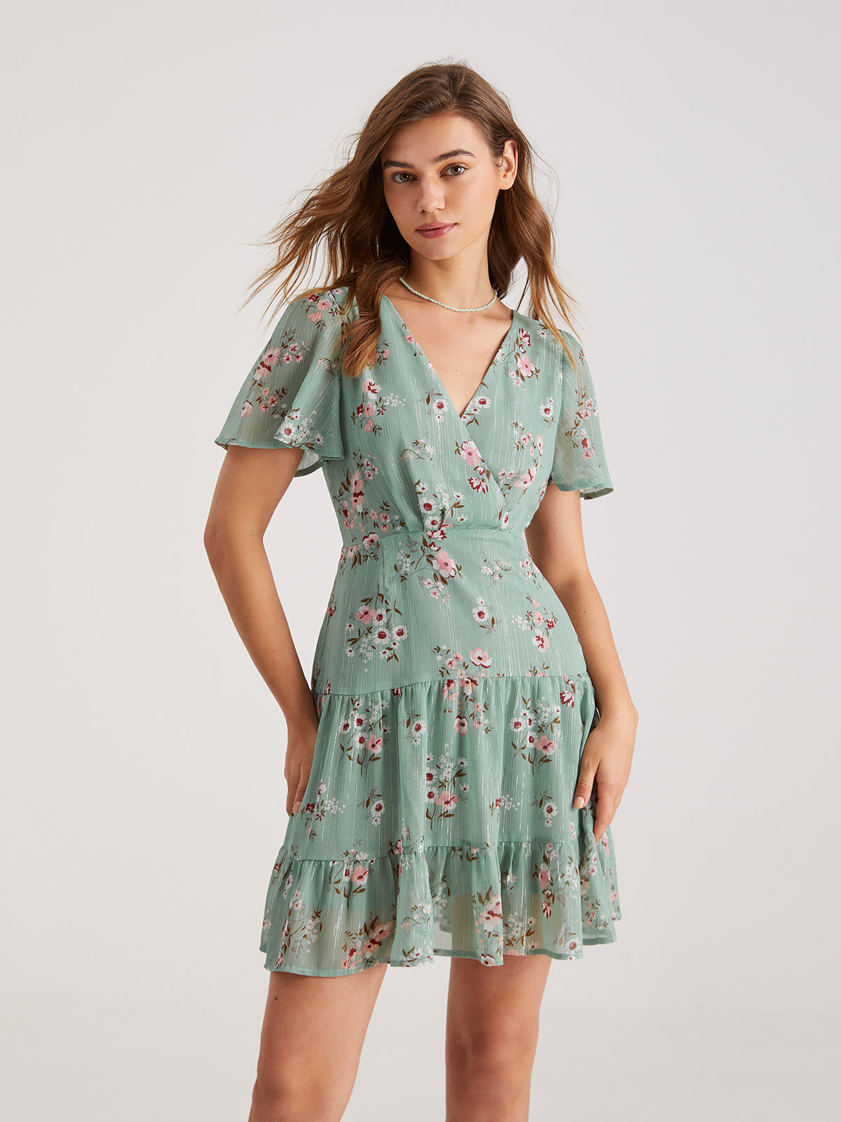 Thecomense - V-Neck Floral Tiered Short Dress