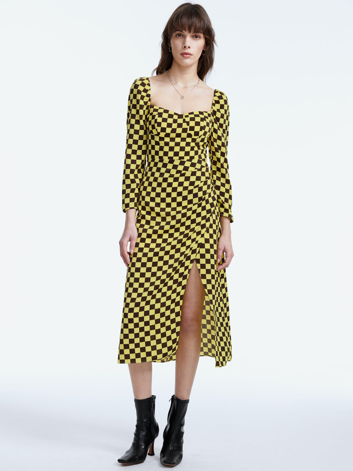Thecomense - Square Neck Long Sleeve Racer Checkered Midi Slit Dress