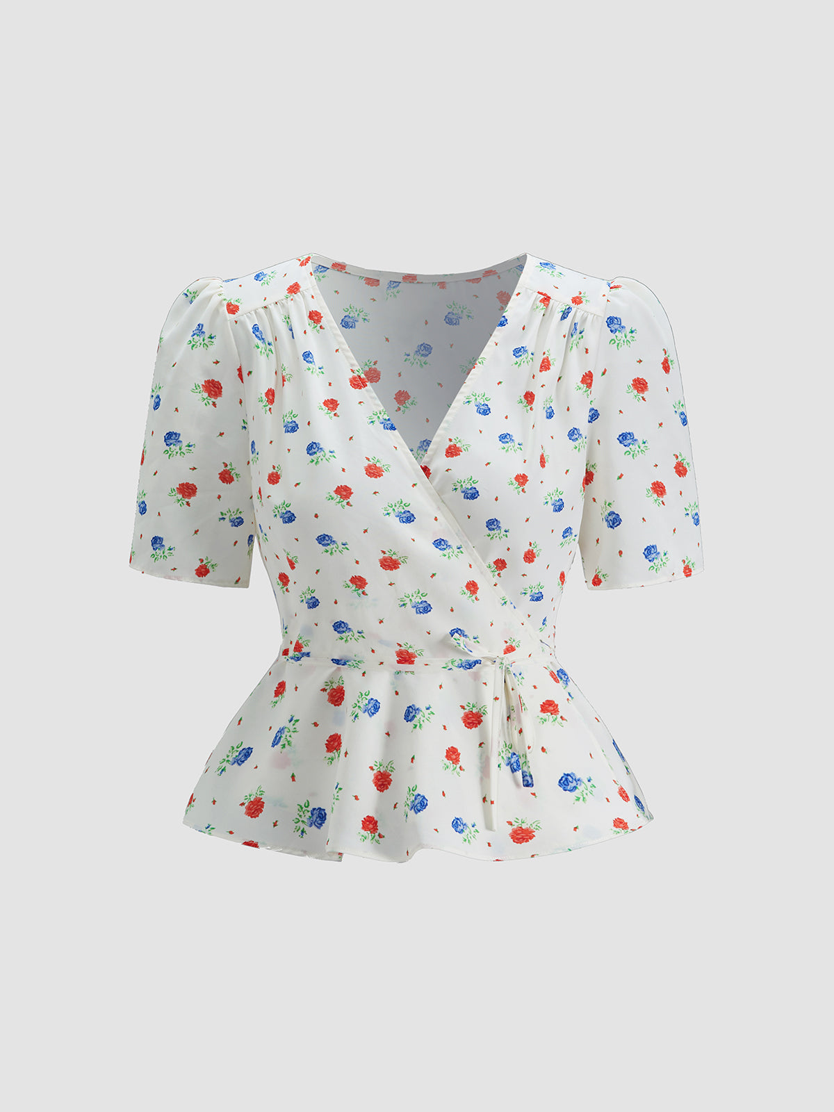 Thecomense - Belted Floral Ruffle Wrap Top