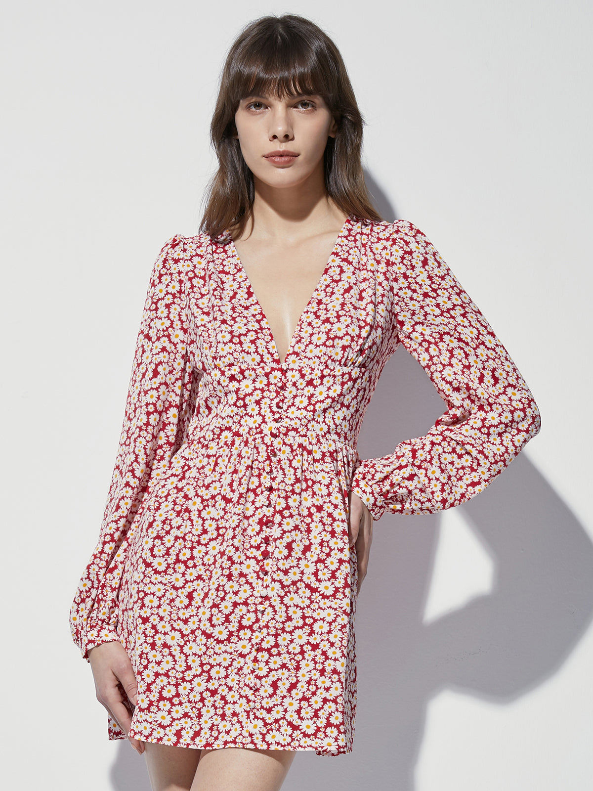 Thecomense - Long Sleeve Mini Floral V Neck Cinched Mini A Line Dress