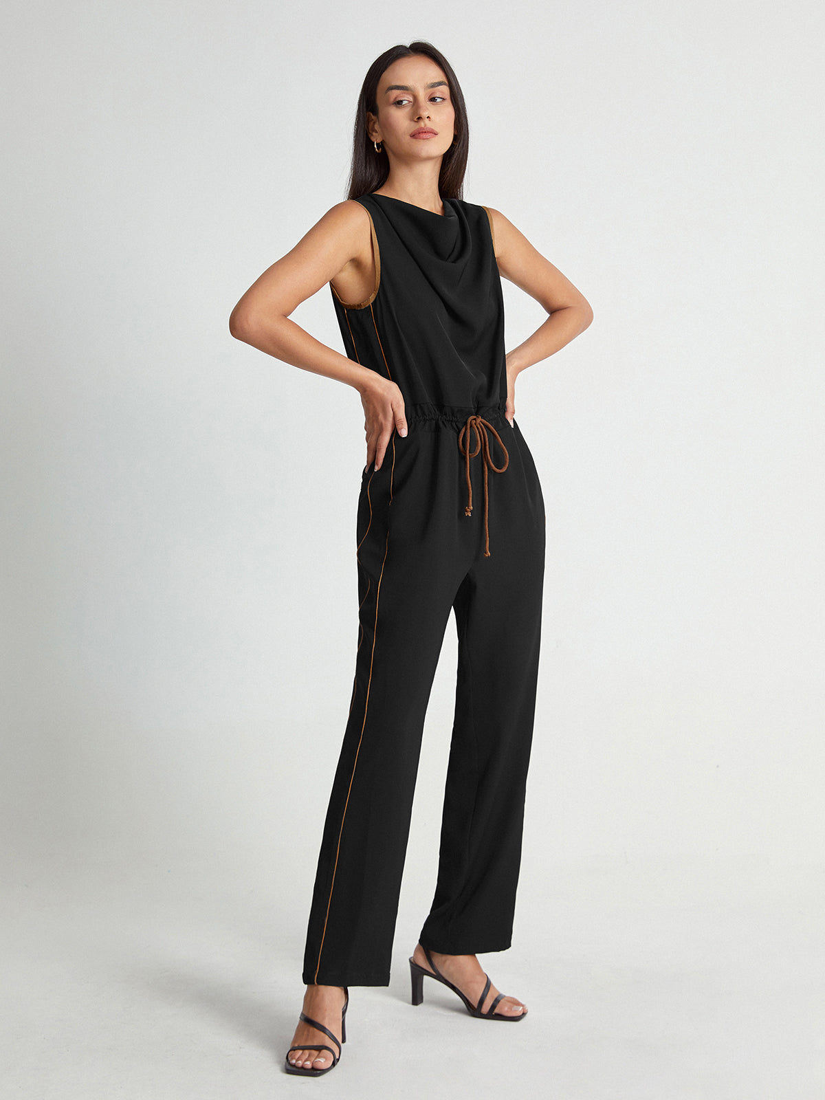 Thecomense - Sleeveless High Square Neck Elastic Waist Tapered Jumpsuit