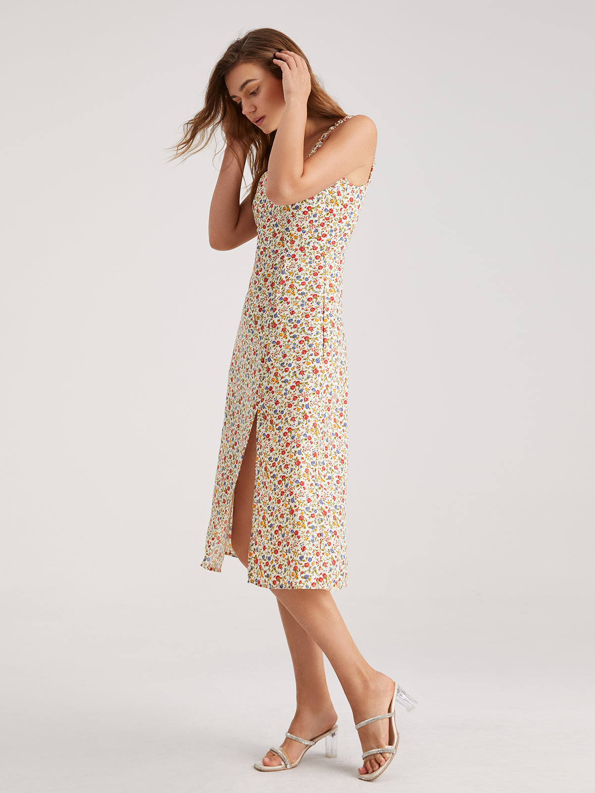 Thecomense - Sweetheart Light Floral Slit Midi Dress