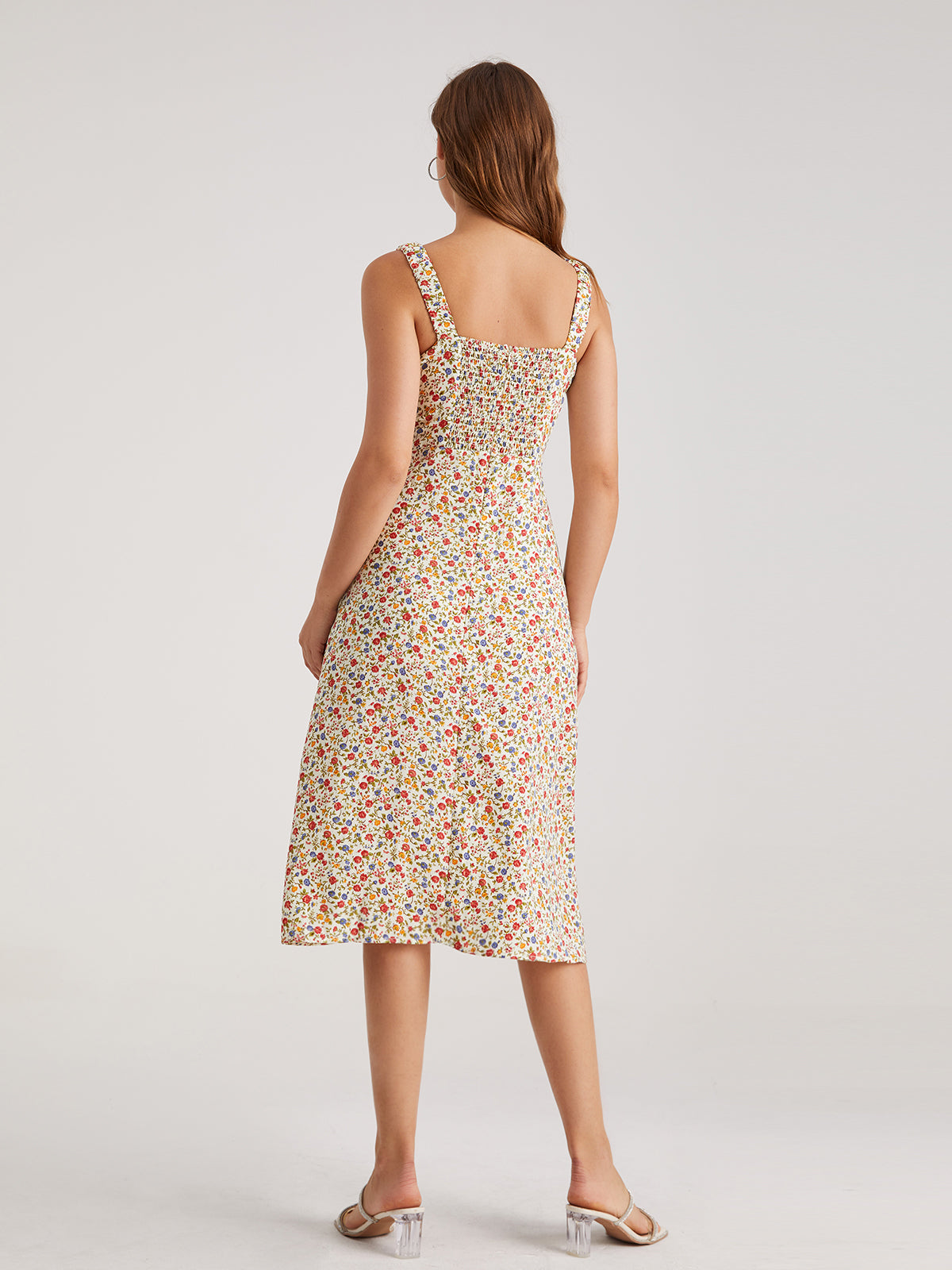 Thecomense - Sweetheart Light Floral Slit Midi Dress