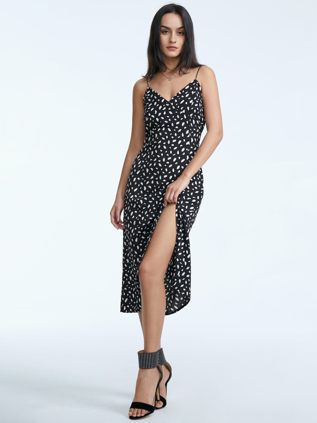 Thecomense - Sweetheart Contrast Print Slit Strap Midi Dress