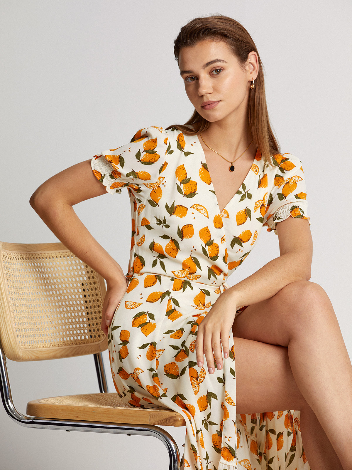 Thecomense - Short Puff Sleeve Orange V-Neck Midi Ruffle Dress
