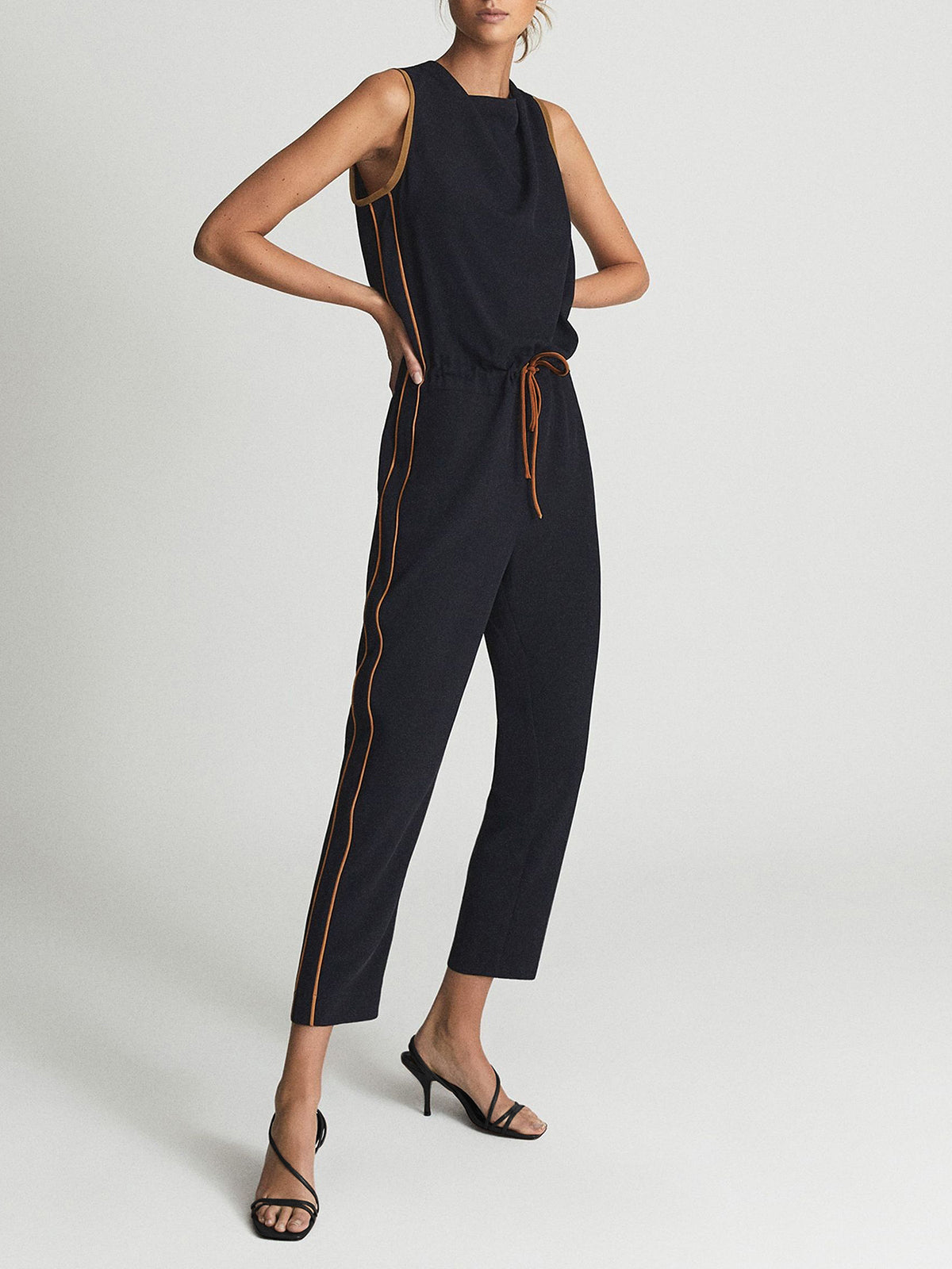 Thecomense - Sleeveless High Square Neck Elastic Waist Tapered Jumpsuit